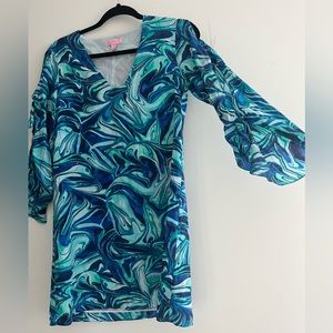 Lilly Pulitzer Avila Stretch Silk Dress blue navy v neck mini xs coastal resort